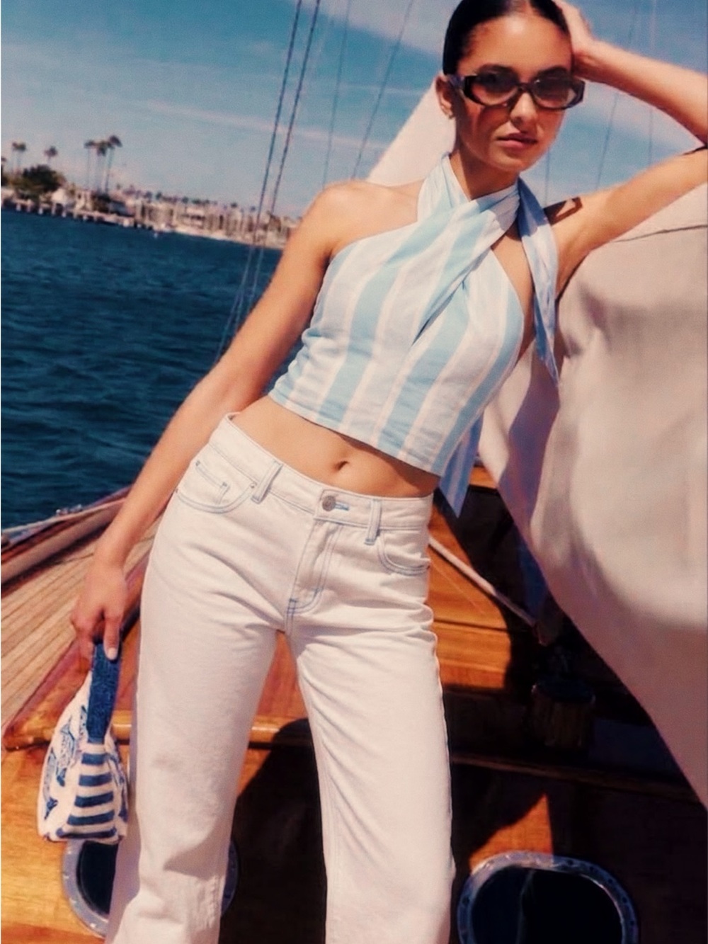 STAUD Blue and White Striped Halter Crop Top